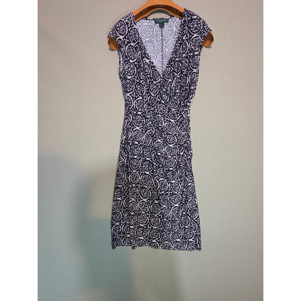 Lauren Ralph Lauren Navy White Medalion Faux Wrap Sheath Dress 10 Ruched Cap Slv